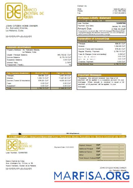Realistic Cuba Banco Central de Cuba bank mortgage statement scr template